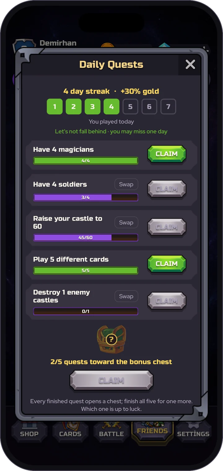 Daily quests screen showing a four-day streak