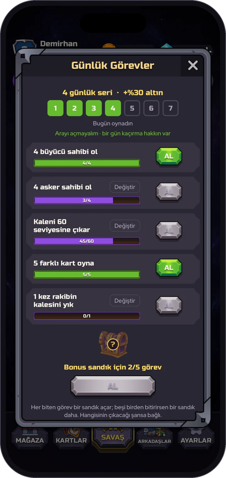 Günlük görevler ekranı, dört günlük seri